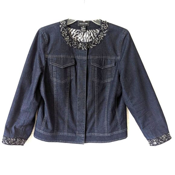Womens Denim Dark Wash Jean Jacket Size 10 Embroidered Sequins VTG Focus 2000 - Picture 1 of 12